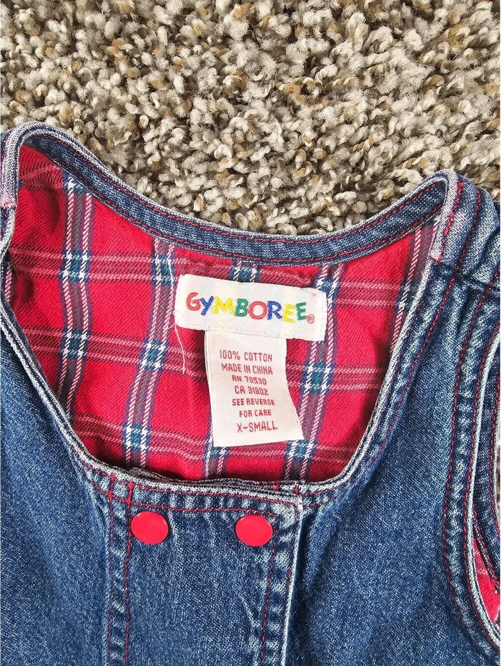 vintage Gymboree girls Sz XS denim jumper dress with a red plaid lining